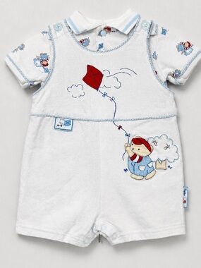Baby Grand two piece baby blue romper bear flying kite appliqué & print polo